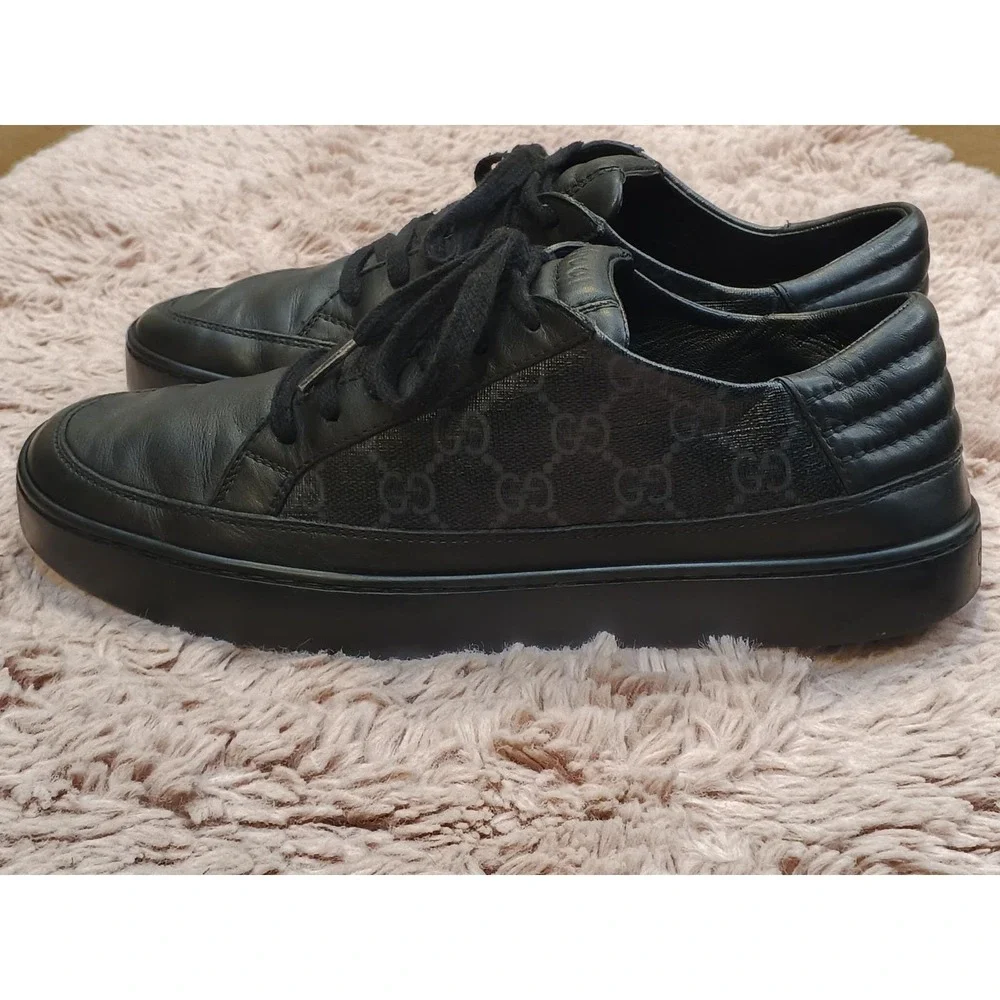 Gucci Mens‎ Black Leather GG Supreme Monogram Low Top Sneakers 433716 Size 9